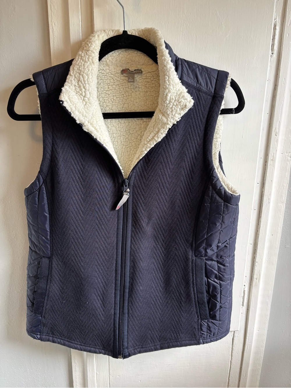Talbots Navy Quilted Vest with Cream Sherpa Lining